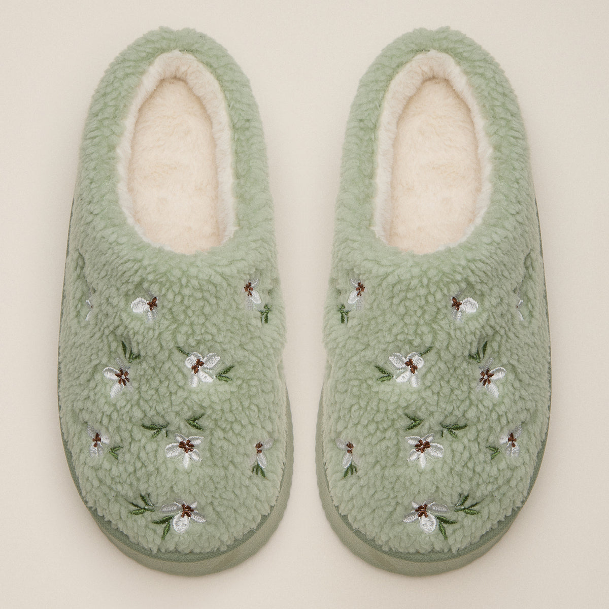 Fleece-Lined Floral Slippers with Embroidered Detail
