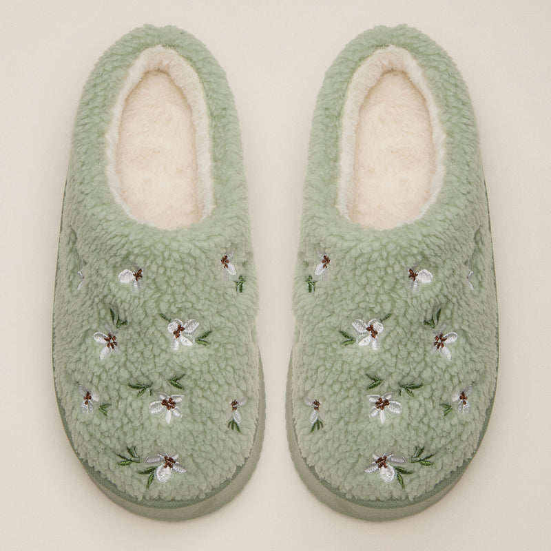 Fleece-Lined Floral Slippers with Embroidered Detail