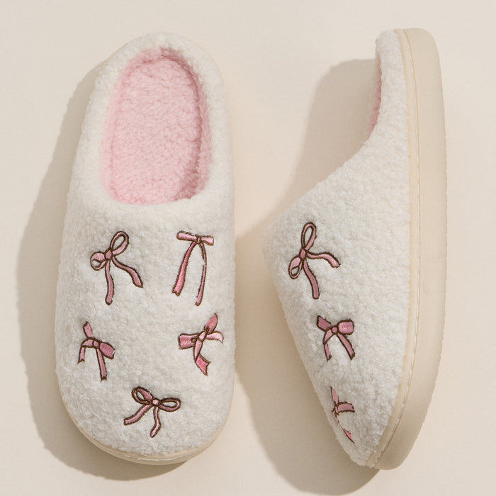 Cozy Bow Embroidered Plush Slippers