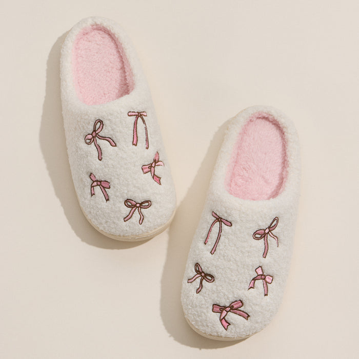 Sherpa Ribbon Bow Slippers | Cozy Coquette House Shoes