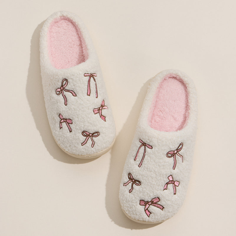 Cozy Bow Embroidered Plush Slippers
