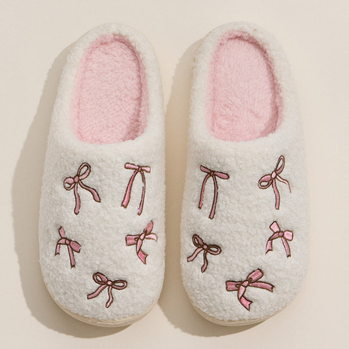 Cozy Bow Embroidered Plush Slippers