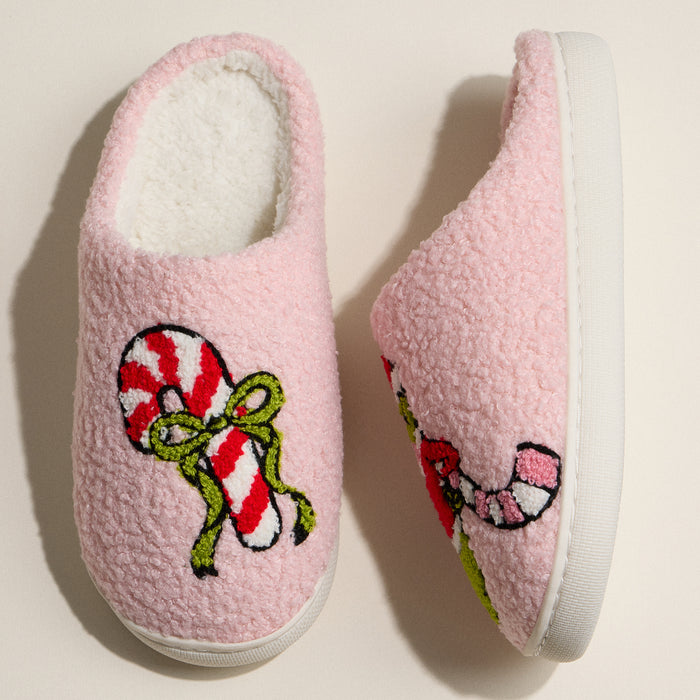 Green Monster Holiday Slippers with Candy Cane