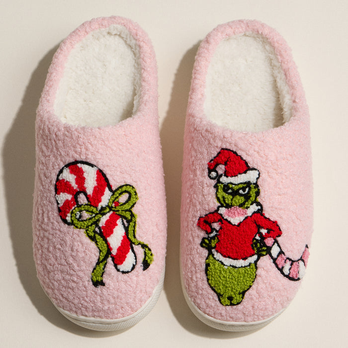 Green Monster Holiday Slippers with Candy Cane