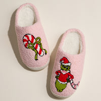 Green Monster Holiday Slippers with Candy Cane