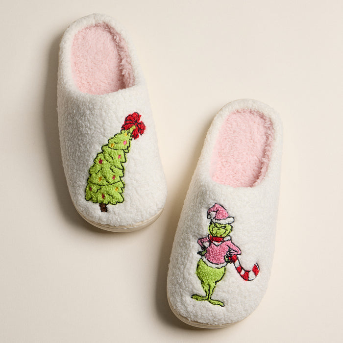 Sherpa Green Monster Christmas Tree Slippers | Cozy Holiday House Shoes