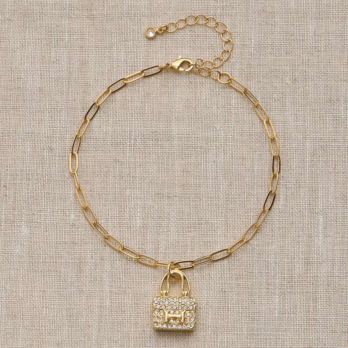 Adjustable Gold Chain Bracelet with Crystal Bag Charm