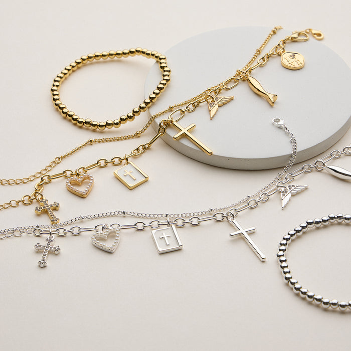 Adjustable Faith Charm Bracelet Stack with Cross and Heart