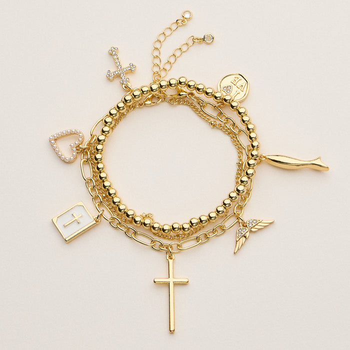 Adjustable Faith Charm Bracelet Stack with Cross and Heart