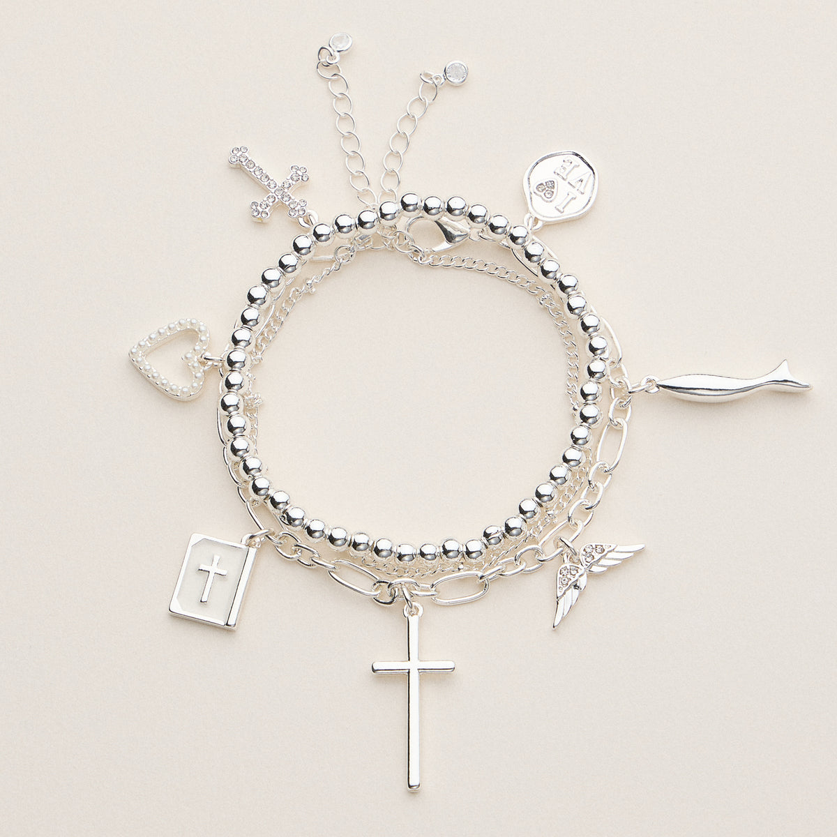 Adjustable Faith Charm Bracelet Stack with Cross and Heart