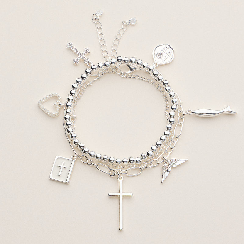 Adjustable Faith Charm Bracelet Stack with Cross and Heart