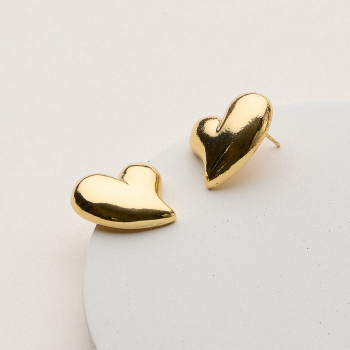Gold Dipped Puffy Heart Stud Earrings - 18K Gold