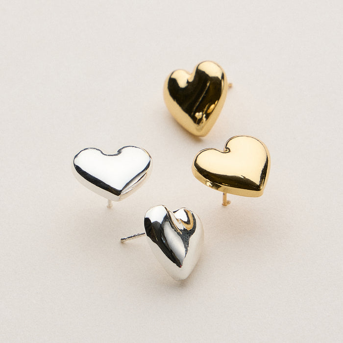 Gold Dipped Classic Puffy Heart Studs - 18K Gold Dipped