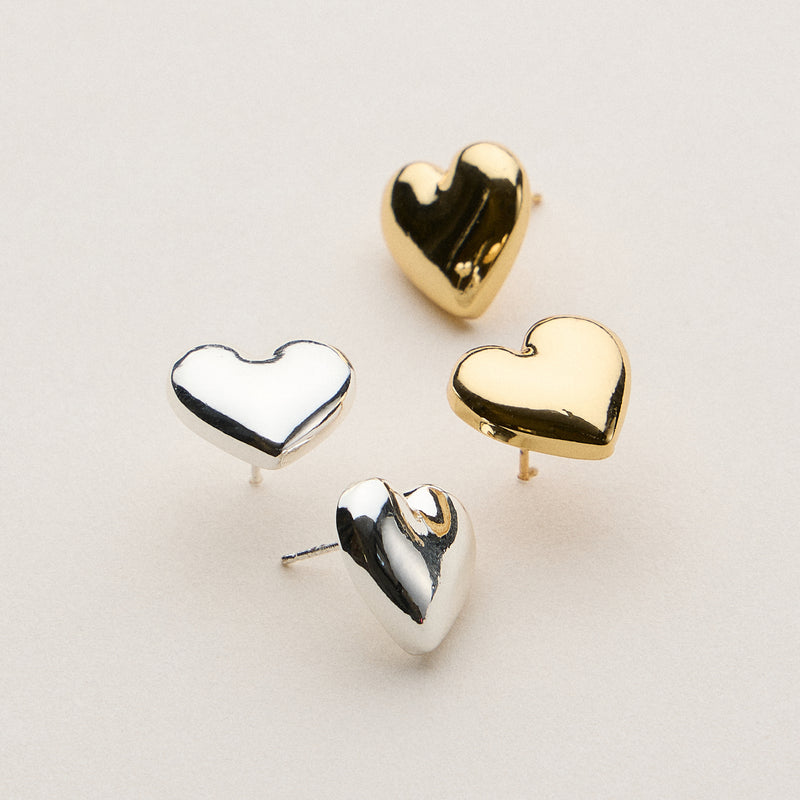 Gold Dipped Classic Puffy Heart Studs - 18K Gold Dipped