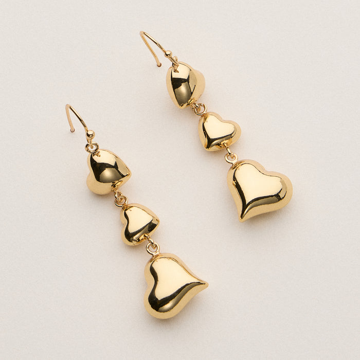 Gold Plated Triple Heart Drop Earrings - 18K Gold Plated