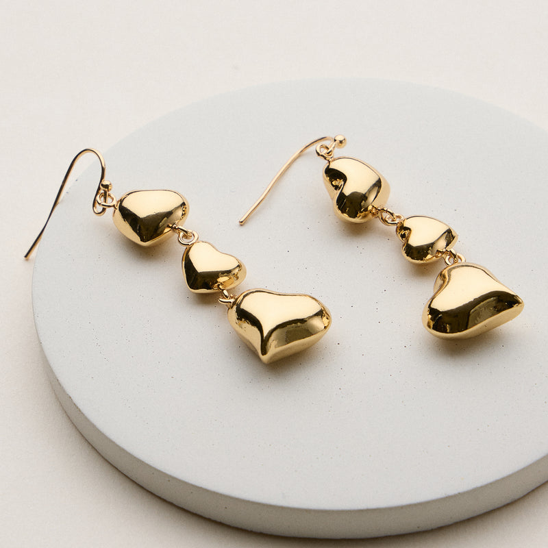 Gold Plated Triple Heart Drop Earrings - 18K Gold Plated