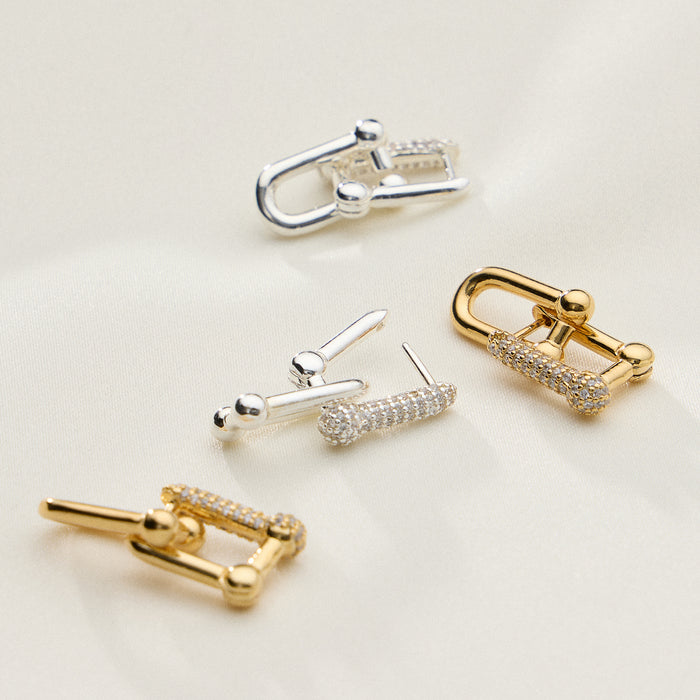 Gold Dipped Pave CZ Lock Stud Earrings - 18K Gold Dipped