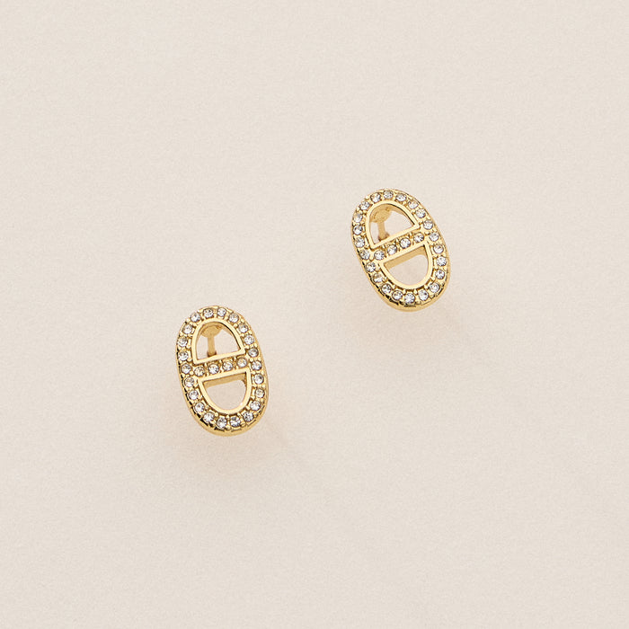 Gold Dipped Pave Oval Link Studs - 18K Gold CZ