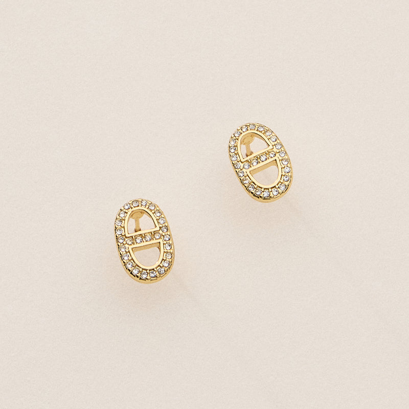 Gold Dipped Pave Oval Link Studs - 18K Gold CZ