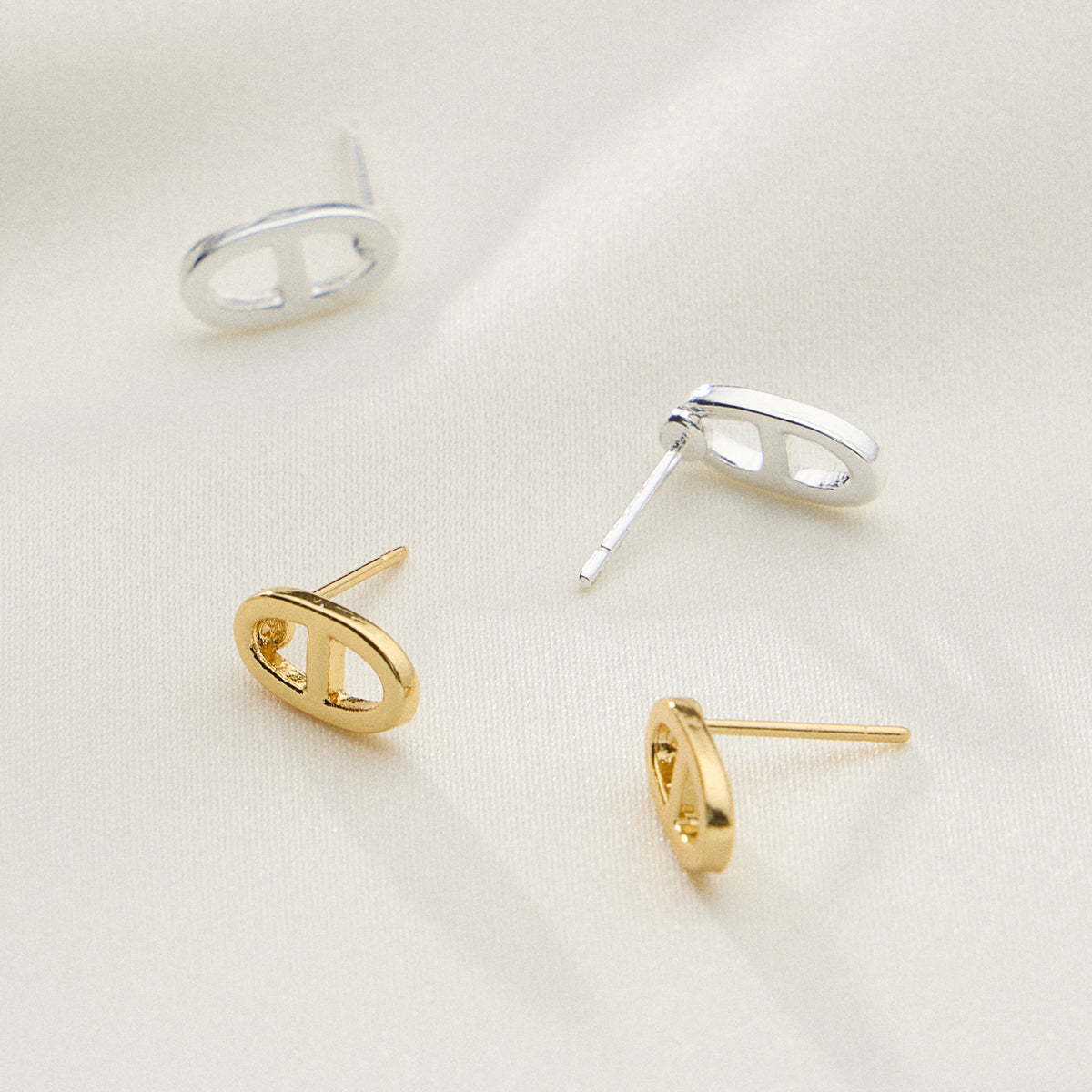 Gold Dipped Pave Oval Link Studs - 18K Gold Plated