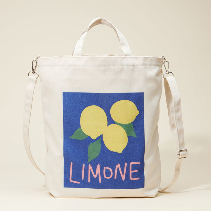 Cream Canvas Tote Bag with Lemon Graphic – Zippered Shoulder & Crossbody Everyday Bag