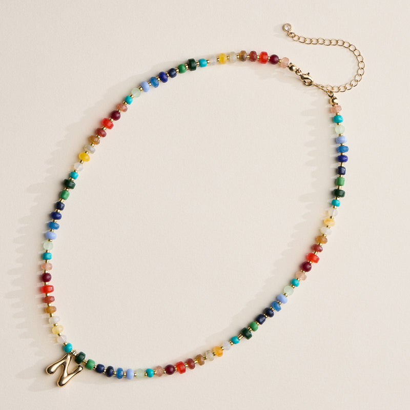 Colorful Beaded Necklace with Gold Letter Charm