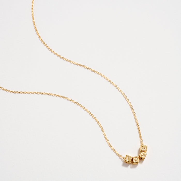 Gold Dipped LOVE Cube Letter Necklace – Minimalist Chain Pendant, Semi-Fine Jewelry