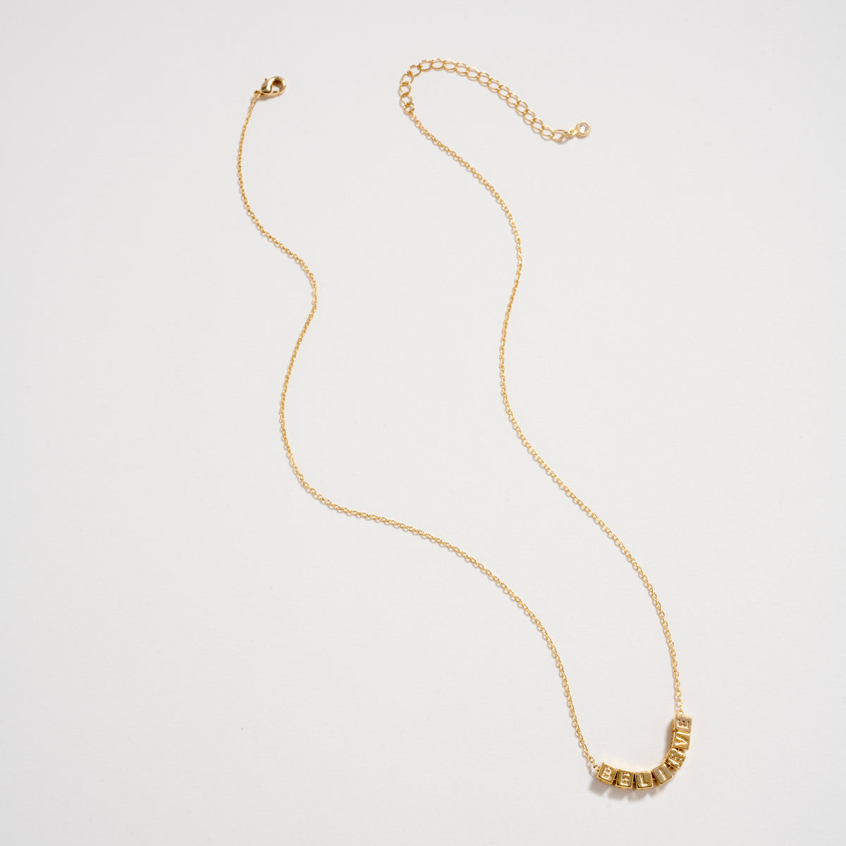 Gold Dipped “Believe” Cube Letter Necklace – 18K Gold Dipped Inspirational Word Necklace, Adjustable Dainty Chain
