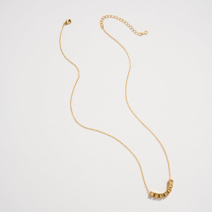 Gold Dipped “Believe” Cube Letter Necklace – 18K Gold Dipped Inspirational Word Necklace, Adjustable Dainty Chain