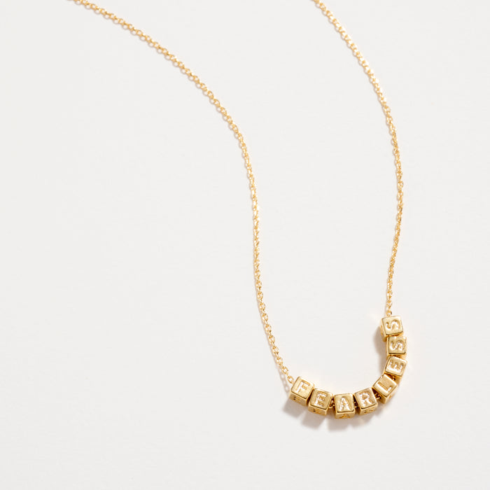 Gold Dipped “Fearless” Cube Letter Necklace – 18K Gold Dipped Inspirational Word Necklace, Adjustable Dainty Chain