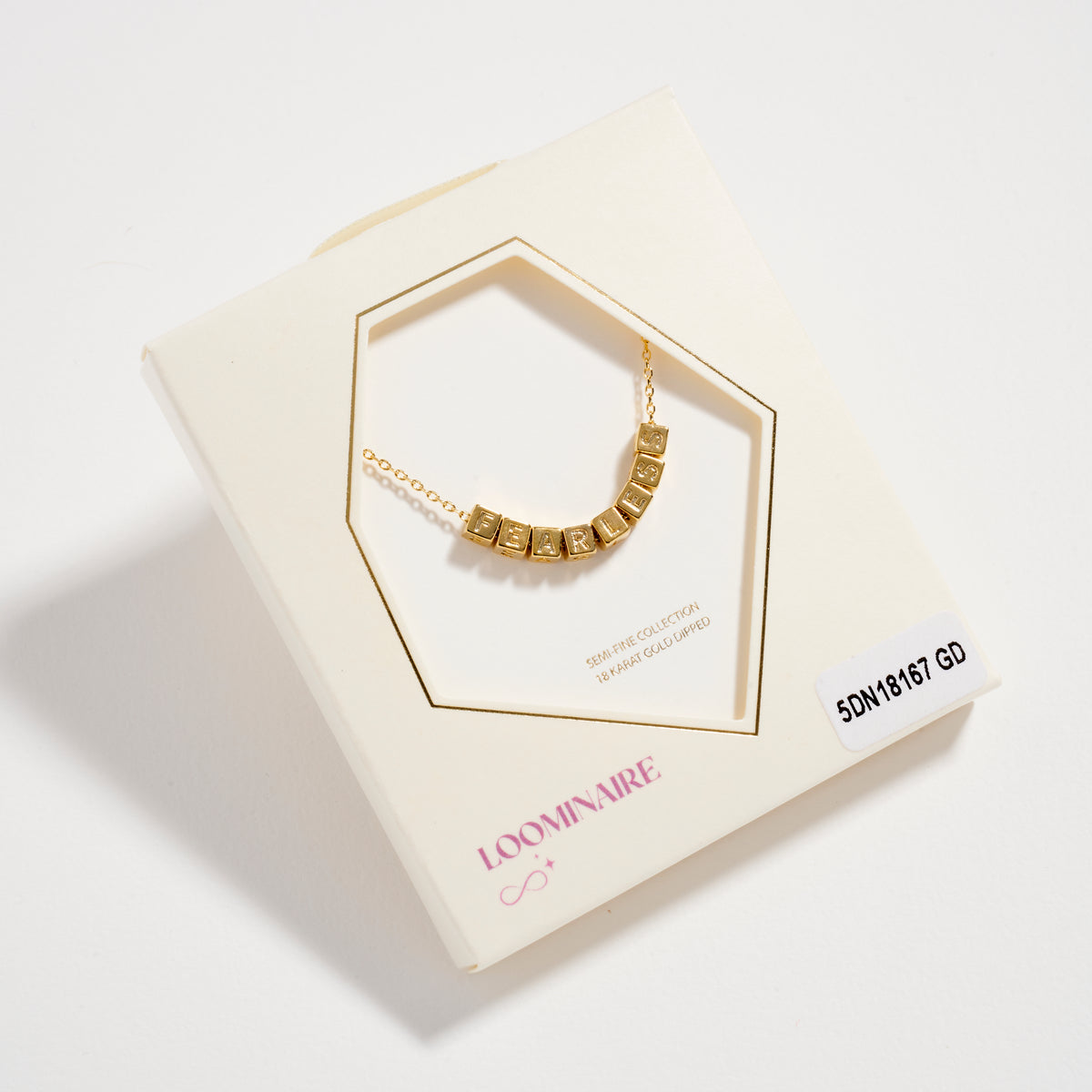 Gold Dipped “Fearless” Cube Letter Necklace – 18K Gold Dipped Inspirational Word Necklace, Adjustable Dainty Chain