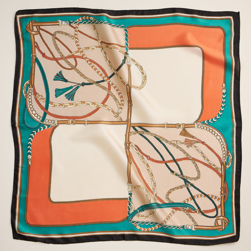 Equestrian Chain Print Scarf – Silk Texture Square Scarf for Elegant Styling