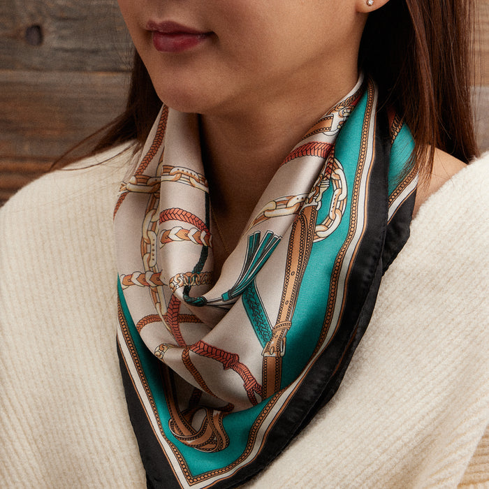 Equestrian Chain Print Scarf – Silk Texture Square Scarf for Elegant Styling