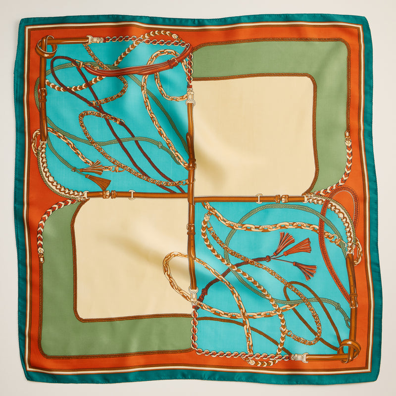 Equestrian Chain Print Scarf – Silk Texture Square Scarf for Elegant Styling