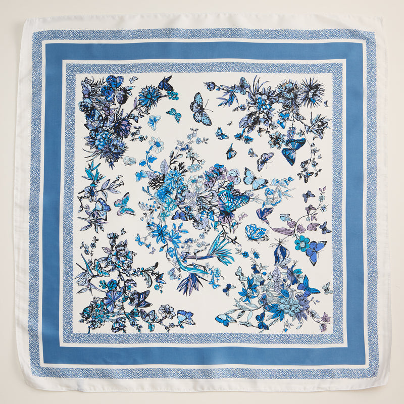 Floral Butterfly Print Scarf – Silk Texture Square Scarf for Elegant Styling