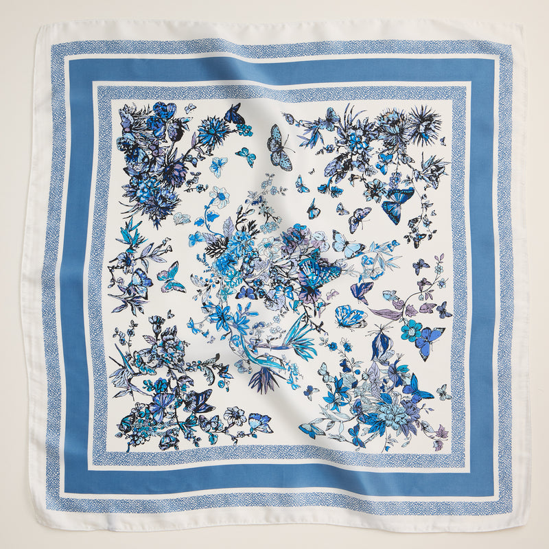 Floral Butterfly Print Scarf – Silk Texture Square Scarf for Elegant Styling