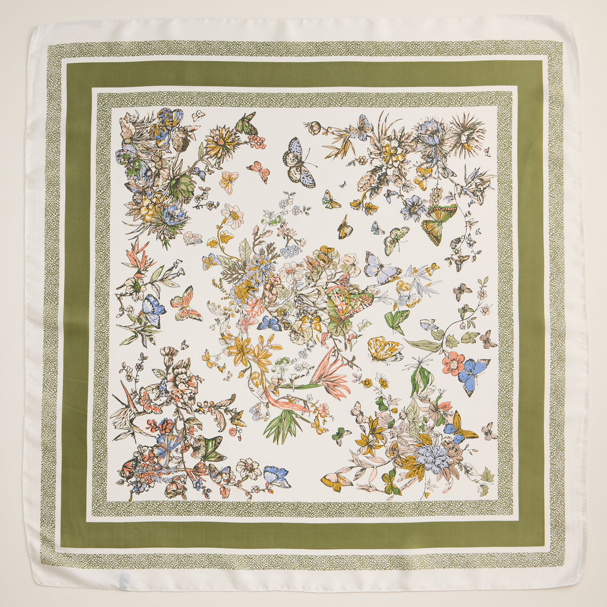 Floral Butterfly Print Scarf – Silk Texture Square Scarf for Elegant Styling