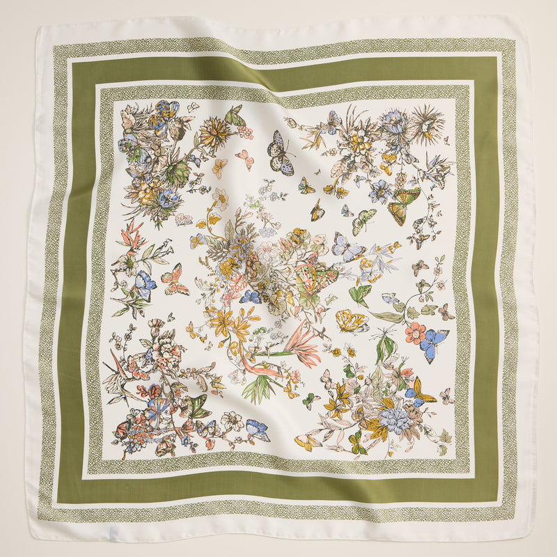 Floral Butterfly Print Scarf – Silk Texture Square Scarf for Elegant Styling