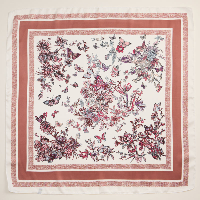 Floral Butterfly Print Scarf – Silk Texture Square Scarf for Elegant Styling