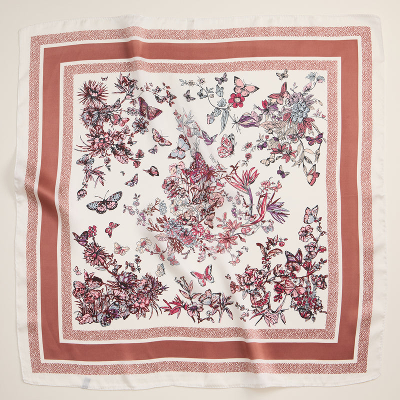 Floral Butterfly Print Scarf – Silk Texture Square Scarf for Elegant Styling