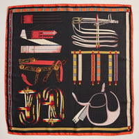 Equestrian Print Scarf – Silk Texture Square Scarf with Vintage Saddle & Tack Design