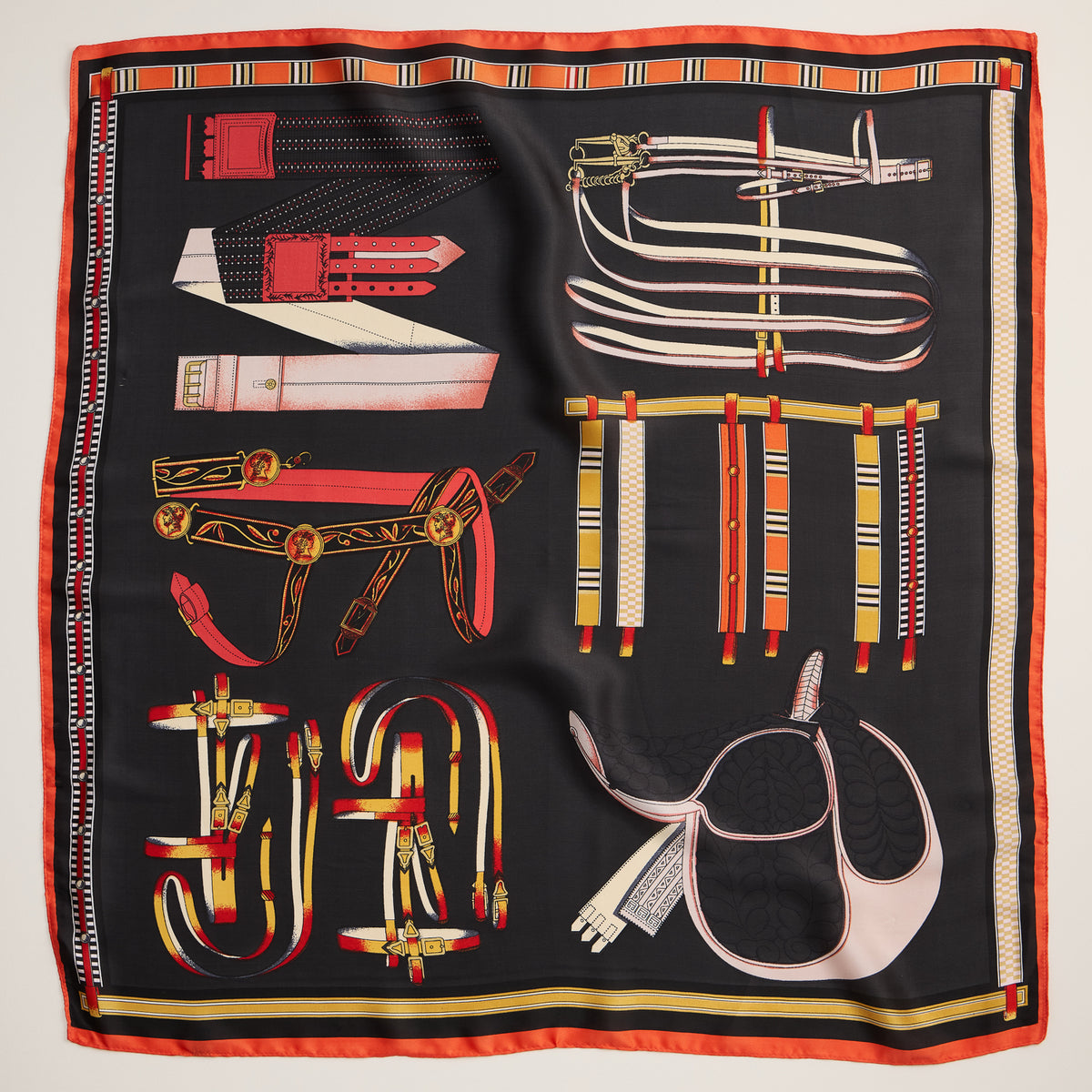 Equestrian Print Scarf – Silk Texture Square Scarf with Vintage Saddle & Tack Design
