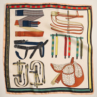 Equestrian Print Scarf – Silk Texture Square Scarf with Vintage Saddle & Tack Design