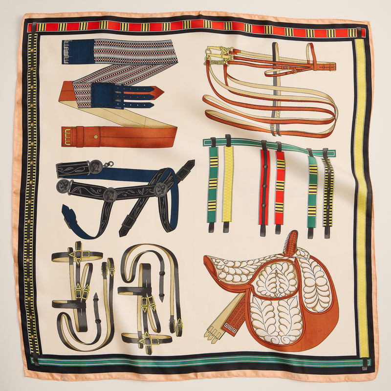 Equestrian Print Scarf – Silk Texture Square Scarf with Vintage Saddle & Tack Design