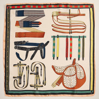 Equestrian Print Scarf – Silk Texture Square Scarf with Vintage Saddle & Tack Design