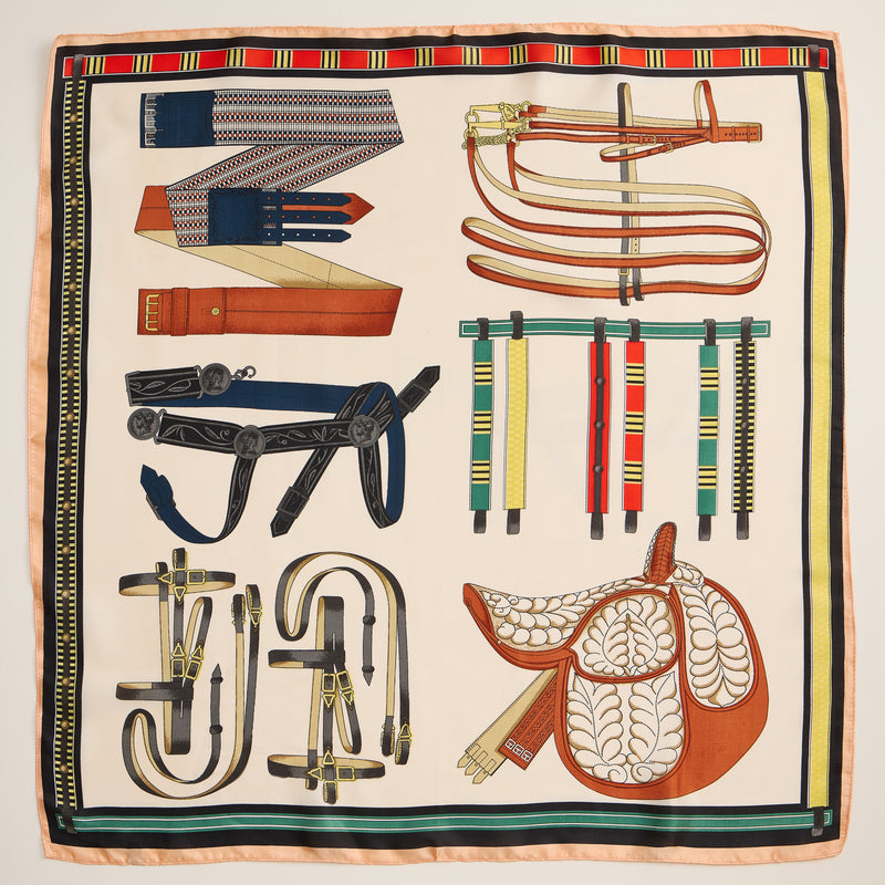 Equestrian Print Scarf – Silk Texture Square Scarf with Vintage Saddle & Tack Design