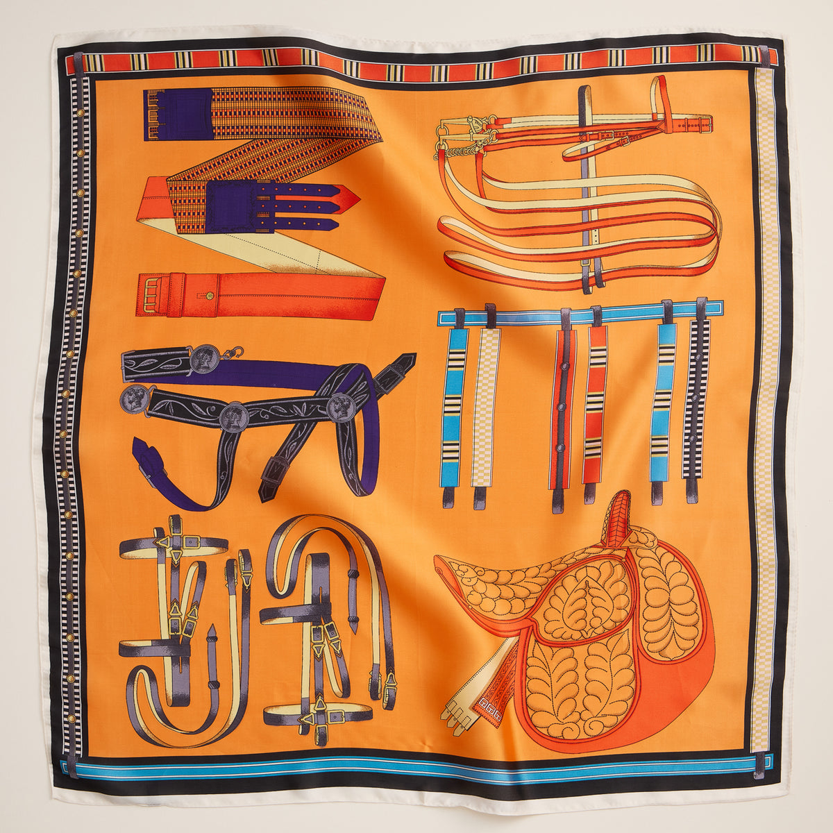 Equestrian Print Scarf – Silk Texture Square Scarf with Vintage Saddle & Tack Design