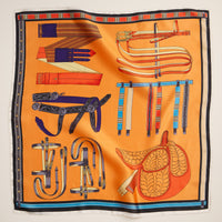 Equestrian Print Scarf – Silk Texture Square Scarf with Vintage Saddle & Tack Design