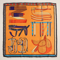 Equestrian Print Scarf – Silk Texture Square Scarf with Vintage Saddle & Tack Design