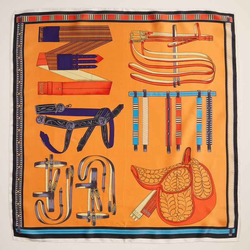 Equestrian Print Scarf – Silk Texture Square Scarf with Vintage Saddle & Tack Design